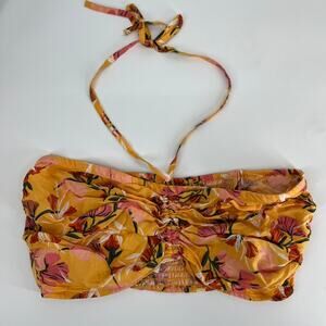 ROXY Island Hops Halter Tube Top Smocked Back Yellow Floral Womens New XL